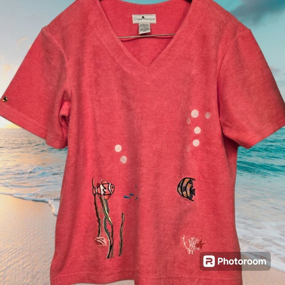 Claire Murray V-Neck SS Coral Terry Top Sz M Embroidered Fish Bubbles Coral EUC